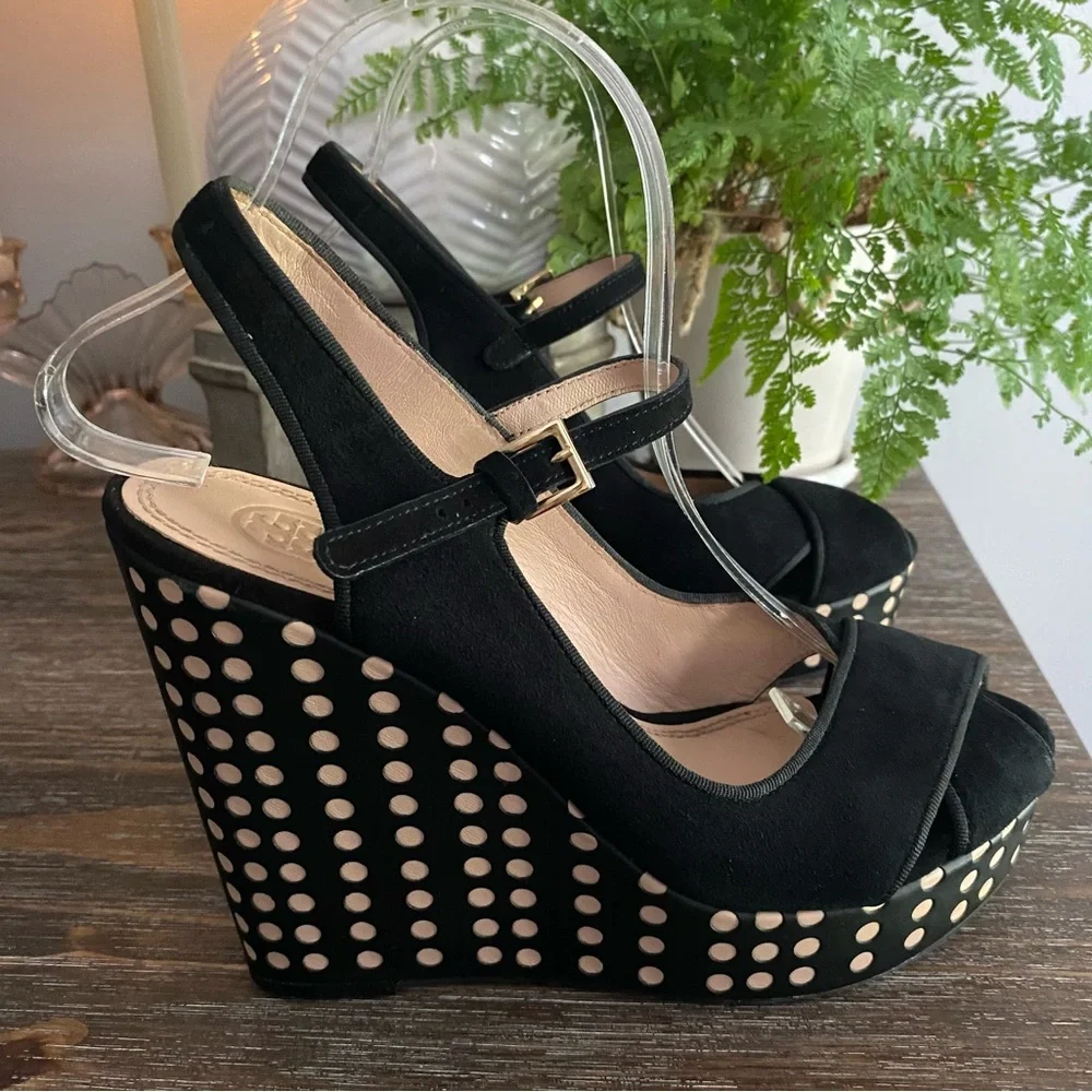Tory Burch Ollie Black Suede Platform Wedge Slingback Heel Sandals Womens 8 M‎